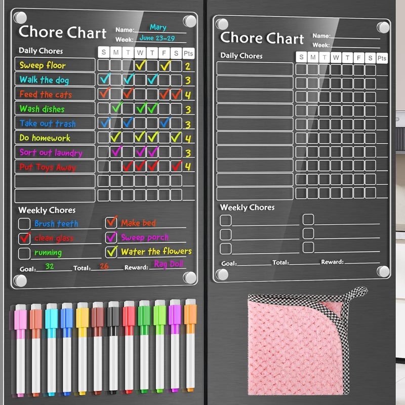 YNGRUE Acrylic Magnetic Chore Chart for Kids,Chores Chart for Fridge Refrigerator,Dry Erase Behavior Chore Chart for Multiple Kids,Reward Chart for Multiple Kids Teens Adults Family,8"x12" (White-2 Pack) - Image 1